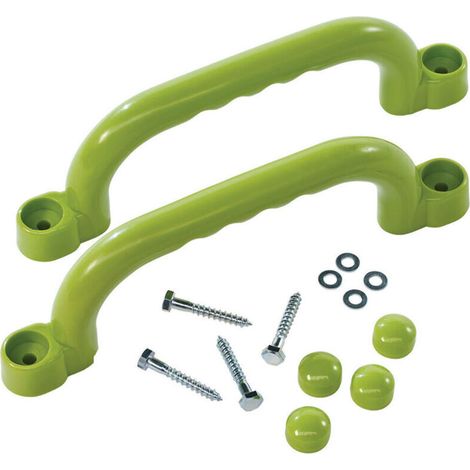 Deux poignées en plastique vert - adaptées à une installation sur les équipements de jeux pour enfants. (1/5)