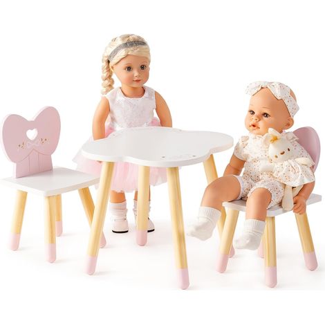 Ensemble table et chaise de poupée - 3 pièces - Table à manger en bois avec 2 chaises - Dossier à nœud et table nuage - Accessoires de poupée pour poupées de moins de 45 cm - Cadeau pour filles (1/5)