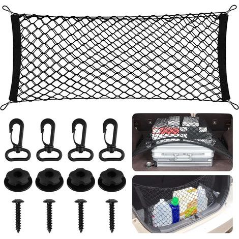 Filet de coffre pour voiture, 90 x 30 cm, filet de rangement universel avec 4 crochets ABS, 4 adaptateurs de fixation et vis, nylon élastique, extensible et pliable, pour SUV, camping-cars, voitures e (1/5)