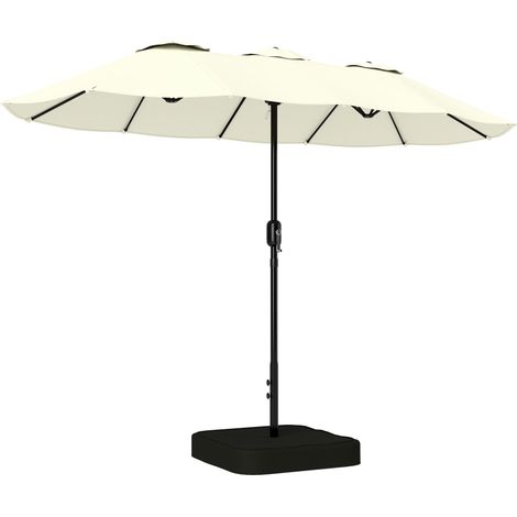 Parapluie double à 12 baleines avec manivelle, pied en croix et housse de protection, en métal et polyester, 3 x 1,5 m, beige (1/5)