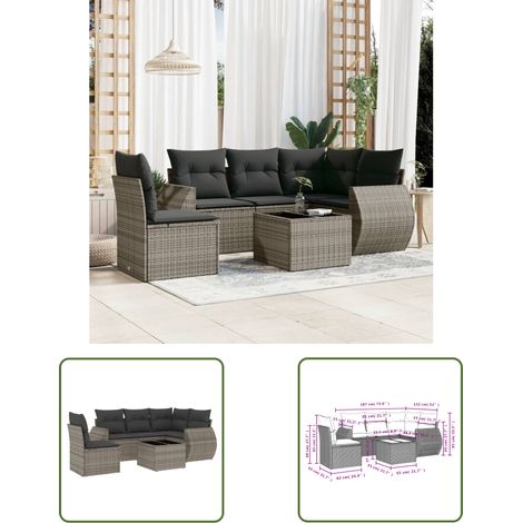 The Living Store 6-tlg. Garten-Sofagarnitur mit Kissen Grau Poly Rattan - Gartenmöbel Set - PE-Rattan Möbel - Outdoor Lounge - Esstisch Set - Balkonmöbel (1/3)