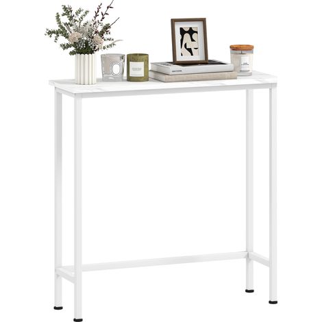 Console d’entrée fine avec pieds réglables et système anti-basculement, meuble petit espace 75x24x76 cm, blanche (1/5)