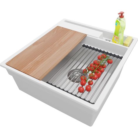 PRIMAGRAN Evier Cuisine en Granit 48x53cm, Lavabo 1 bac + Kit de Vidage + Accessoires, Évier à Encastrer au meuble 50cm - Oslo Pocket, Blanc (1/5)