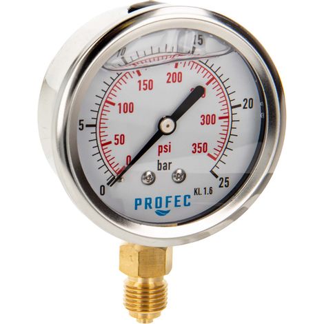 Profec Manometer 0 - 25 bar, Glyzeringefüllt, Ø 63 mm, 1/4 Zoll Anschluss nach unten Radial, Überdruck-Manometer