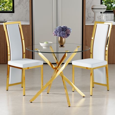 DESMIU Table de salle à manger ronde pour 2 personnes avec 2 chaises, verre trempé et PU, transparent blanc et or, Ø 88 cm (1/5)