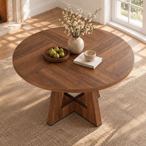 Table à manger ronde 120x120x75 cm pour 4 à 6 personnes, plateau MDF effet bois, design scandinave minimaliste - Noyer (1/5)