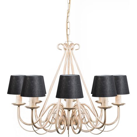 QAZQA Lampadario con paralume giuseppe - Classico - Tessuto,Acciaio - Crema/Nero - Tondo/Organico Max. 8 x Watt
