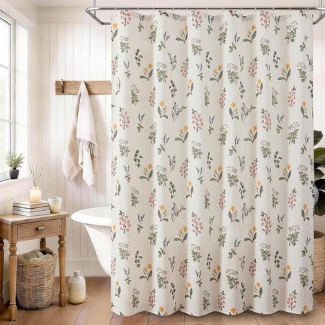 Tenda da doccia in lino floreale – stile bohémien vintage – stile campagna francese – protezione impermeabile – 183×183 cm (1/5)