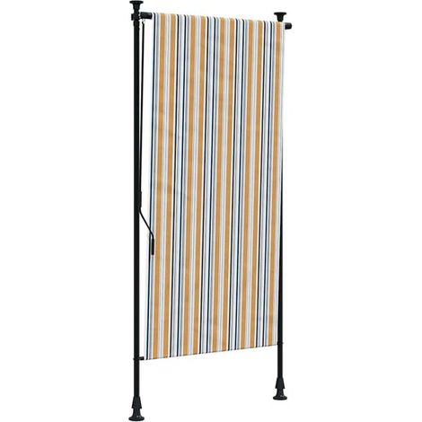 Store enrouleur extérieur à rayures jaunes et blanches, mesurant 100 x 270 cm, en tissu et structure en acier. (1/2)