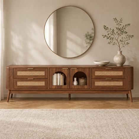 Mueble TV 180 cm con LED por app, 4 cajones, puertas de vidrio templado, nogal OKMYHOME (1/5)