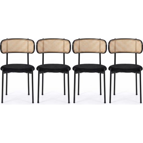 FurnitureR Dining Chairs Set of 4, Rattan Back Kitchen Chairs with Velvet Upholstered Seat & Black Metal Frame, Modern Cane Dining Chairs for Dining Room Kitchen Café Bedroom, Black