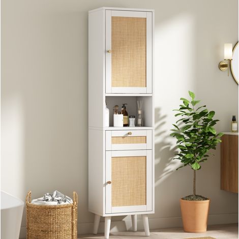 Mobile da bagno alto 40x30x166 cm con ante in rattan, cassetto e ripiano aperto, bianco OKMYHOME (1/5)