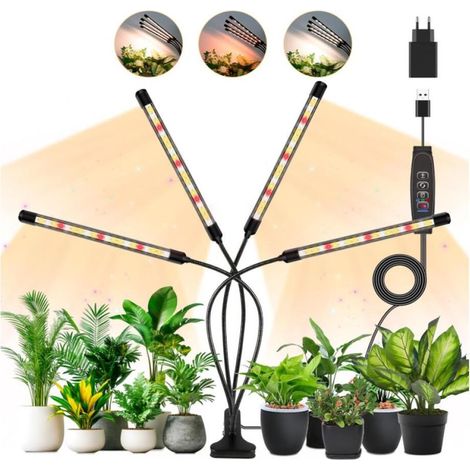 4 têtes Lampe pour plantes, Lampe de Plante en croissance, lumière de croissance à spectre complet avec minuterie auto 3H/9H/12H, 3 modes et 10 niveaux de gradation pour les semis et les succulentes (1/5)