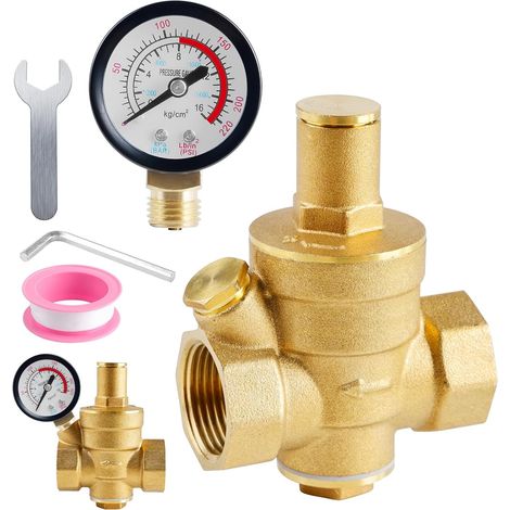 DN20 Pressure Regulator: 3/4 Inch Water Pressure Reducer with Pressure Gauge and Adjustment Tools, 1.6 MPa Brass Pressure Reducer, Suitable for Tap Water Equipment (1/5)