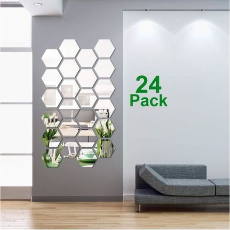 Miroir hexagonal en plastique réfléchissant - ZGEER - 24 pièces - Argenté - Décoration murale moderne (1/4)