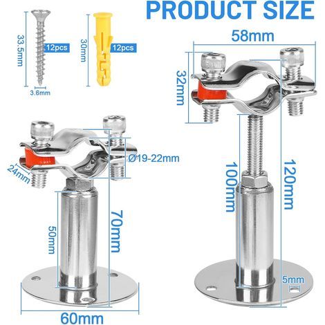LALAGO 4pcs Support Tuyaux Réglable pour Φ19-22mm, Pince de Support Tube à Montage Mural en Acier Inox avec 12pcs vis et tubes d'expansion, Collier de Serrage Plafond pour la Fixation ou de Barres (1/4)