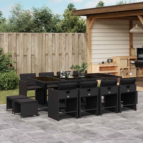 Ensemble repas de jardin 13 pièces en résine tressée noir avec coussins et table 220 x 106 cm - PANGIVO (1/5)