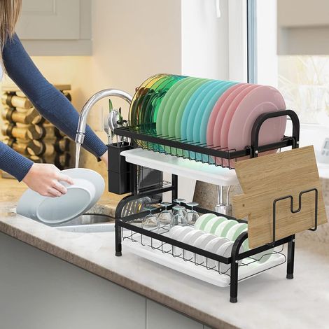 1 Égouttoir à vaisselle, 2 niveaux, acier inoxydable 304, noir, avec porte-assiettes, porte-ustensiles et bac amovible (1/5)