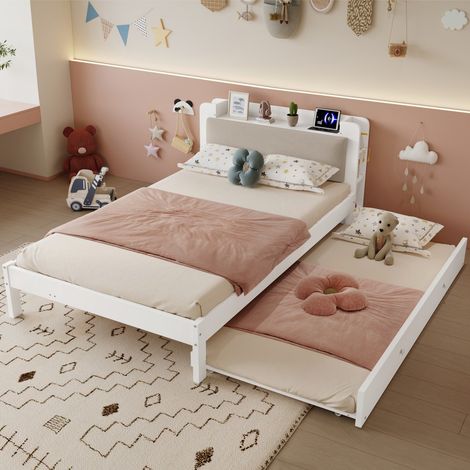 Lit gigogne 120x200+90x190 cm - Lit enfant en bois 120x200 - Lit d'appoint 90x190 tête de lit étagères et prises - Blanc (1/5)