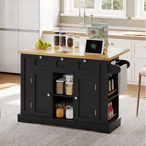 Îlot de cuisine mobile 132x40(70)x87 cm naturel et noir en MDF avec plateau extensible et rangement multifonction (1/5)