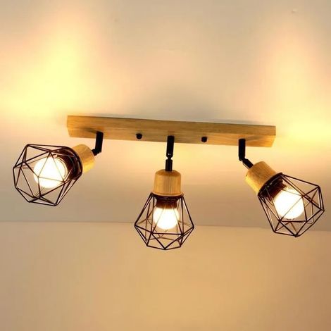 Plafonnier 3 Spots Industriel,Plafonnier Spot Vintage en Bois et Métal Abat-jour Design Cage avec Base Rectangulaire en Bois (1/5)