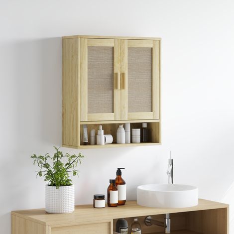 Meuble mural salle de bain meuble wc suspendu avec double porte et étagère ouverte 59 x 20 x 66,5 cm effet bois de chêne (1/5)