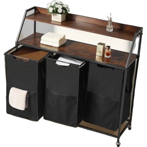 Trieur à linge roulant, tissu Oxford 600D, 32 x 18 x 34 pouces, 3 compartiments, cadre en métal, plateau en bois (1/5)