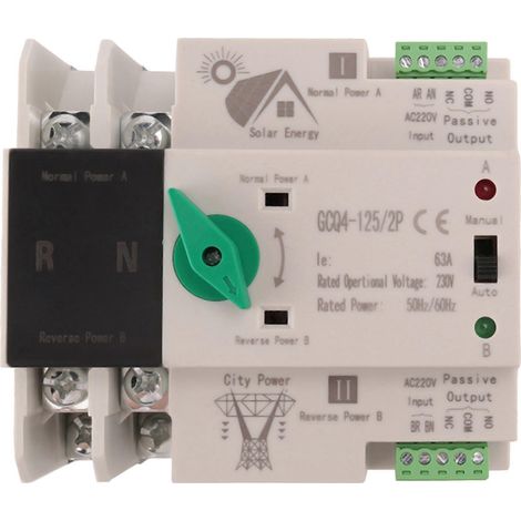 Commutateur de transfert automatique (ATS) pour énergie solaire photovoltaïque, montage sur rail DIN, 2 pôles, 63 A, 220 V CA, alimentation du système PV vers le réseau électrique. (1/5)