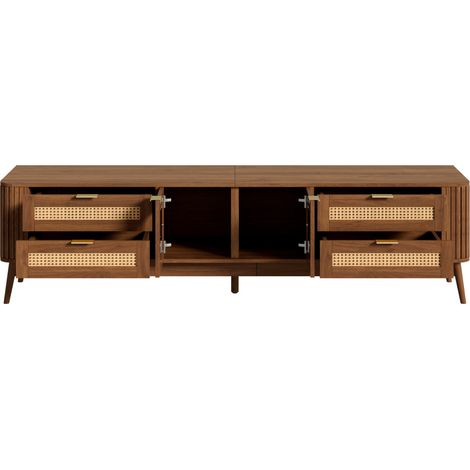 Meuble TV avec portes en verre trempé cintré, éclairage LED contrôlable par application, chêne simili et pieds en bois massif, rangement salon 4 tiroirs (1/5)