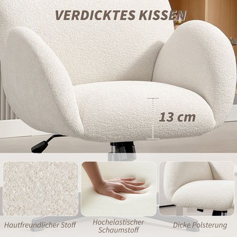 Fauteuil de travail blanc crème en velours, assise capitonnée sur piètement acier, réglable en hauteur. (1/4)