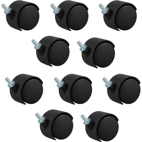 Lot de 10 roulettes pivotantes doubles de 40 mm avec tige filetée de 6 mm, noires (1/5)