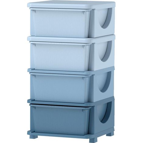 Boîtes de rangement pour enfants, 4 tiroirs, bords arrondis, motif en relief, plastique, bleues