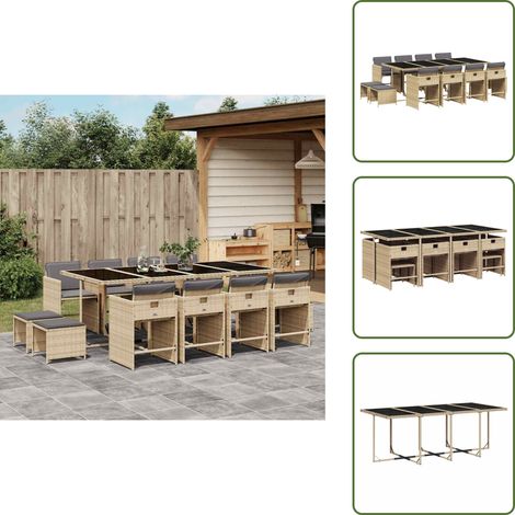 13-tlg. Garten-Essgruppe mit Kissen Beigemischung Poly Rattan - Garten Essgruppe - Garten Essgruppen - Outdoor Essgruppe - Terrasse Essgruppe (1/5)