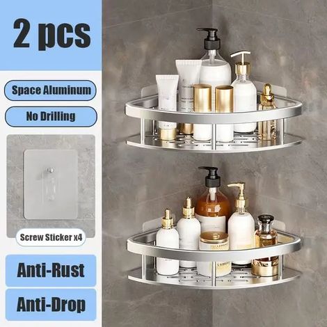 (Triangle argenté, lot de 2) Étagère de salle de bain murale sans perçage pour flacons de shampoing, étagère d'angle pour douche et toilettes, accessoires de salle de bain et de cuisine en aluminium (1/5)