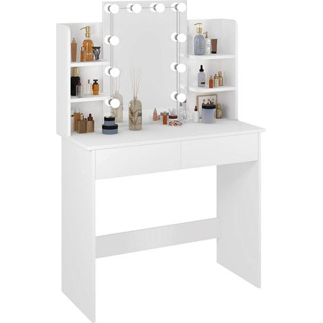 WOLTU Schminktisch mit LED-Beleuchtung Hollywood, Frisiertisch mit Spiegel, Kosmetiktisch mit 2 Schubladen und 4 offene Ablagen, Make-up Tisch Modern Holz, 90x135x40 cm, Weiß (1/5)