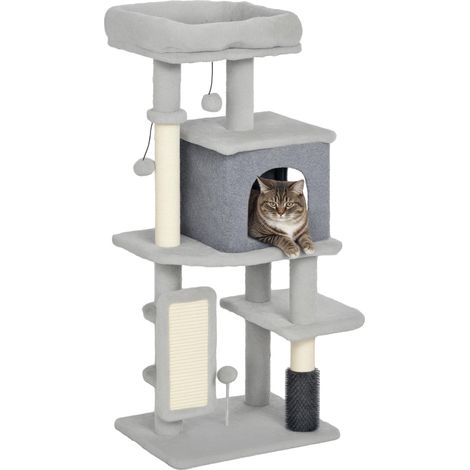 Arbre à chat 104 cm avec niche, couchage, poteaux à griffer en sisal, griffoir et balles en peluche pour chats jusqu'à 5 kg, gris clair (1/5)