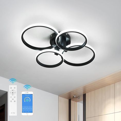 GOECO Plafonnier LED Dimmable, 76W Lampe de Plafond Moderne, Noir Luminaire Plafonnier LED Rond 4 Anneaux Design avec Télécommande 3000K-6500K pour Chambre Salon Cuisine, Dia 58cm (1/5)