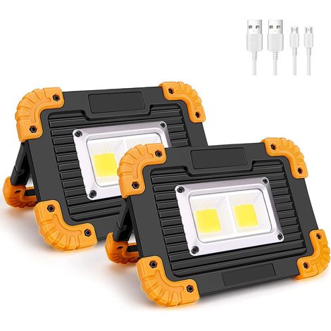 Projecteur LED Rechargeable, 10W 750LM Projecteur Chantier, Lampe de Travail avec USB, 4 Modes Imperméable Lumière d'inondation pour Randonnée, Chantier et Utilisation d'urgence (2 Pièces) (1/5)