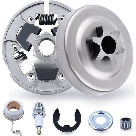 Kit Tambour d'Embrayage 6 Dents pour Tronçonneuse MS170 MS180 MS250 Pignon Métal avec E-Clip pour Réparation Chaîne Pas 3/8 (1/4)