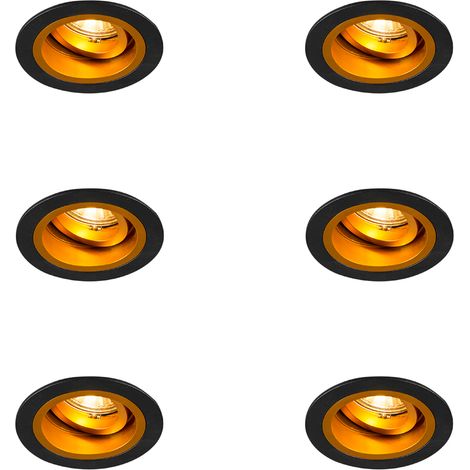 Set of 6 Recessed Spotlights Round Black with Gold Rotatable and Tiltable - Chuck