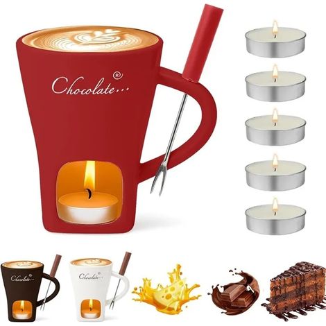 Lot de tasses à fondue au chocolat en céramique de 130 ml, avec photophore et fourchettes, convient pour le fromage, le chocolat (1/5)