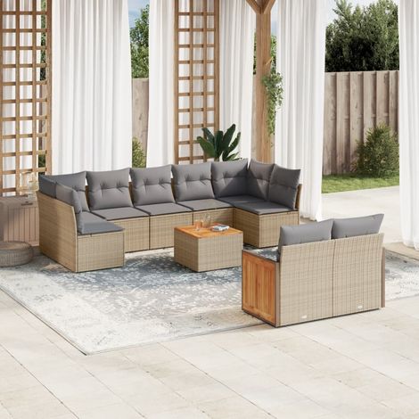 Ensemble Salon Jardin 10 Places Résine Tressée Beige avec Coussins Gris - Table Acacia Modulable (1/4)