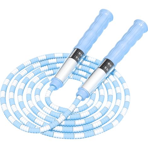Corde à sauter ajustable avec étiquette nominative, poignée antidérapante, motif souple, tube enroulé, idéale pour les enfants et le fitness (bleue). (1/5)