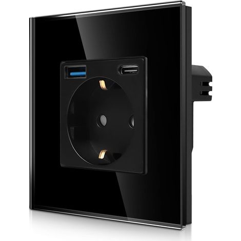 Prise simple avec 2 ports USB à charge rapide – 1 × (type C et USB-A total max. 3,1 A) – Prise Schuko simple en verre, encastrée, noire, avec sécurité enfant (1/5)