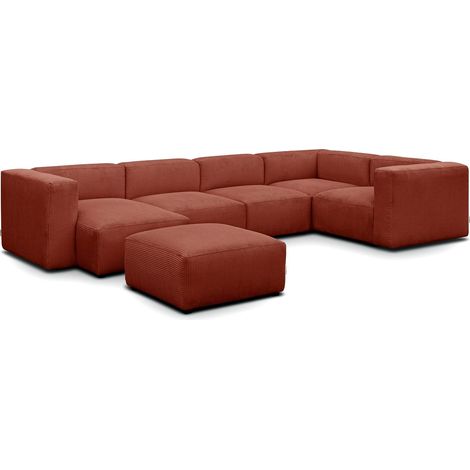 Canapé modulable panoramique 6 places avec méridienne à gauche + pouf en velours côtelé rouille - Modulo (1/5)
