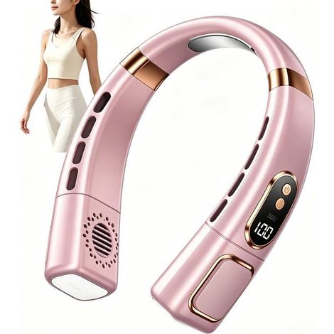 BelleRise - Ventilateur de cou portable – Silencieux, rechargeable, 5 vitesses – Ventilateur tour de cou avec écran LED (Rose) (1/5)