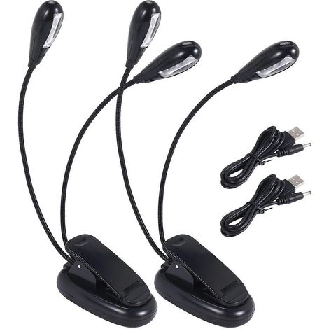 Lot de 2 lampes de lecture LED à pince pour pupitre de musique, avec double bras et pince orientable à 360°, idéales pour lire au lit. (1/5)