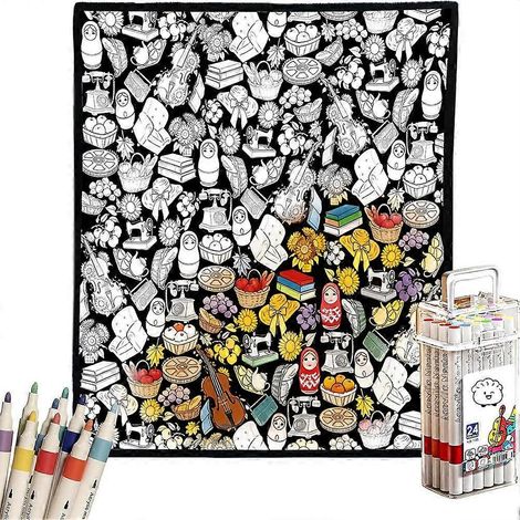 Couverture à colorier Cozy Doodle couverture à colorier soi-même pour adultes avec feutres inclus - 1 jeu - H (1/5)