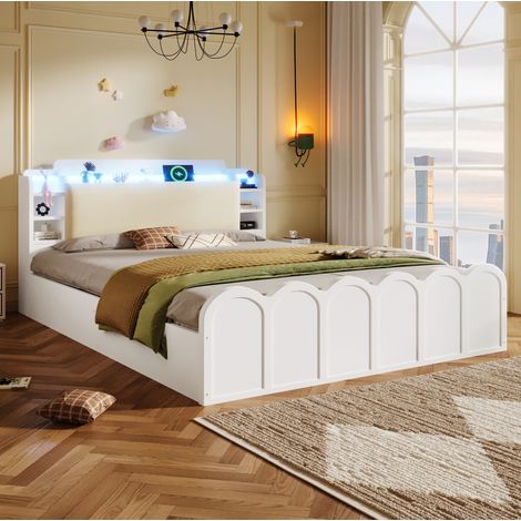 Bett 140x200 cm modern weiß aus Holzwerkstoff, mit gepolstertem Kopfteil, LED, USB/Typ-C und hydraulischem Stauraum (1/5)
