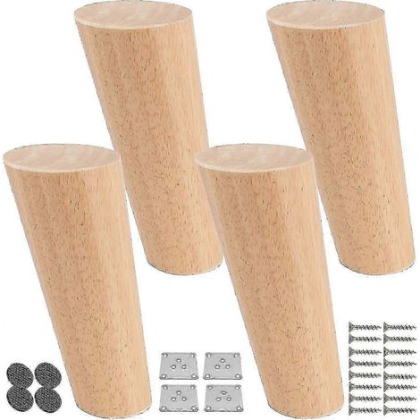Pieds de meubles en bois de 25 cm, 4 pieds de table coniques et inclinés avec plaque de montage et vis, pieds de lit en chêne remplaçables, adaptés aux canapés, chaises, armoires, fauteuils, etc. (1/5)